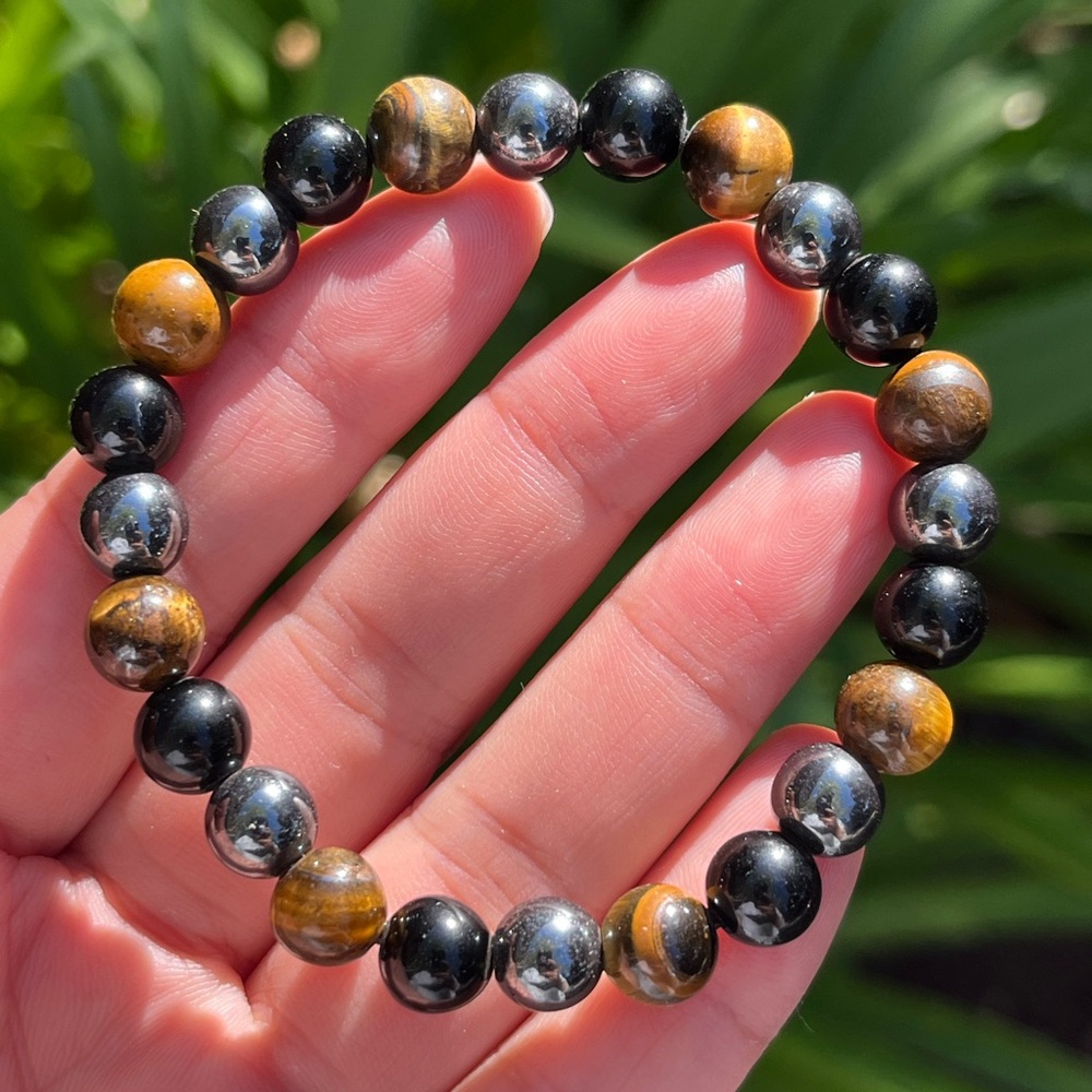 8mm stretchable tiger eye, black obsidian, hematite bracelet 0334